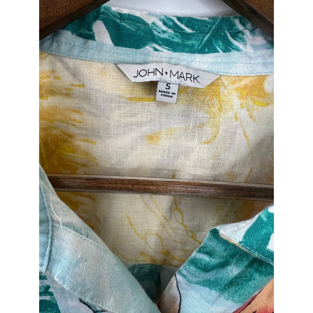 John Mark Artsy Boho Wire Collar Raw Hem 100% Linen Tunic Top Floral Size Small - Picture 6 of 12